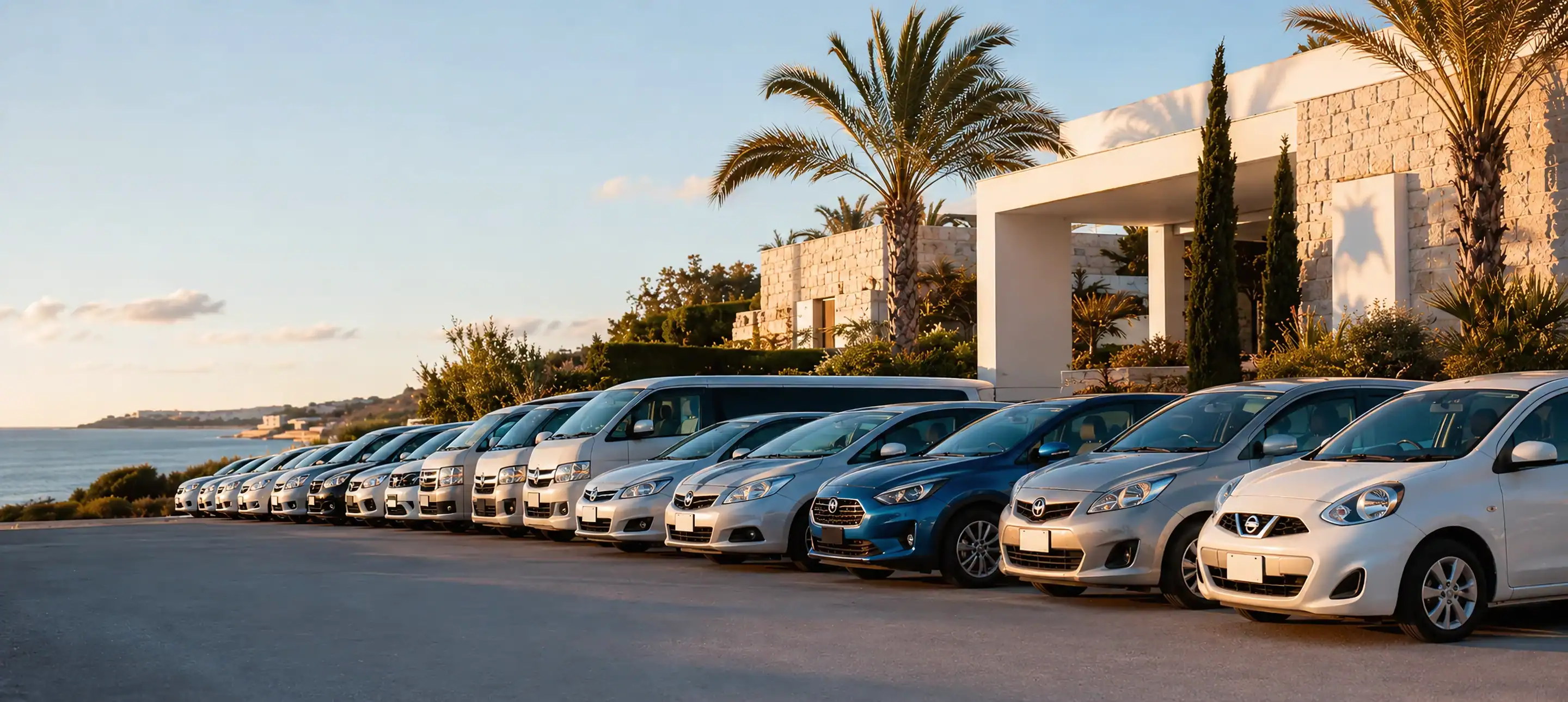 The Drivenet fleet lined up against the Cyprus coast at sunset